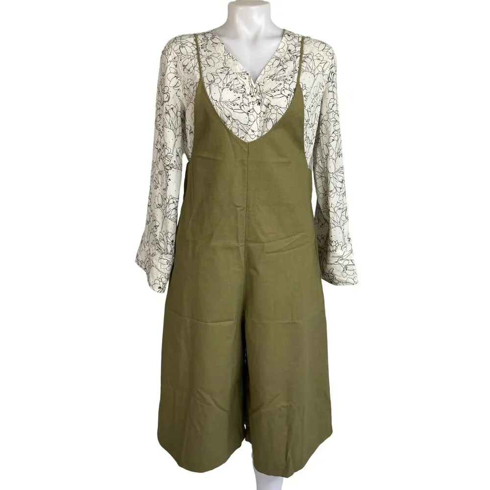 Mod Ref Sage Green Linen Jumpsuit Crop Wide Leg Overalls Womens Relaxed Fit - Picture 1 of 11